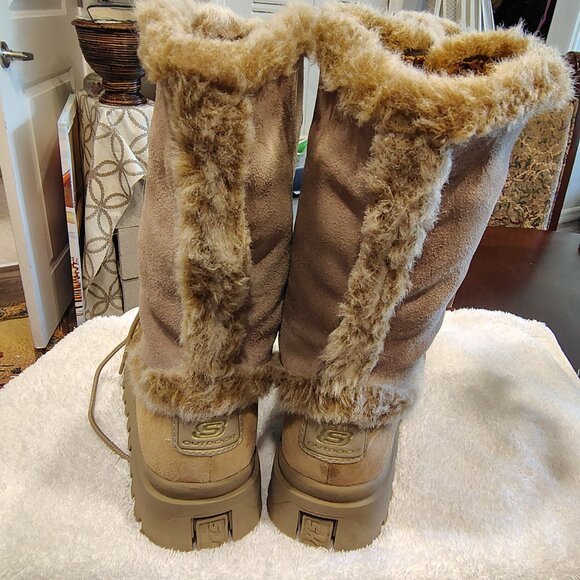 Skechers Outdoor Vintage Y2k Tan Leather Frolic 45708 Faux Fur Winter Boots - Picture 3 of 11